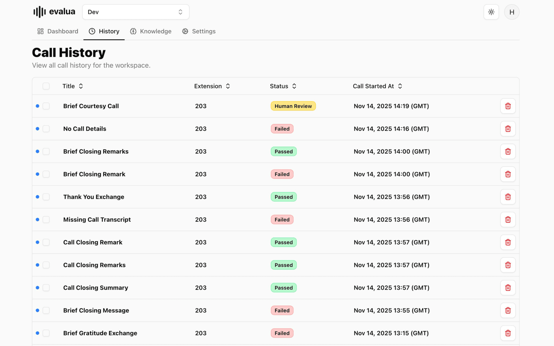 Evalua Call History view showing sortable table with status indicators